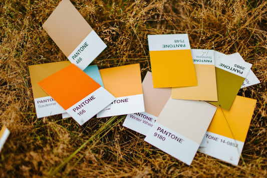gama de colores pantone en tonos cálidos sobre hierba